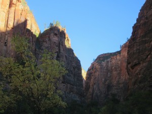 The Narrows with the sun coming into the canyon